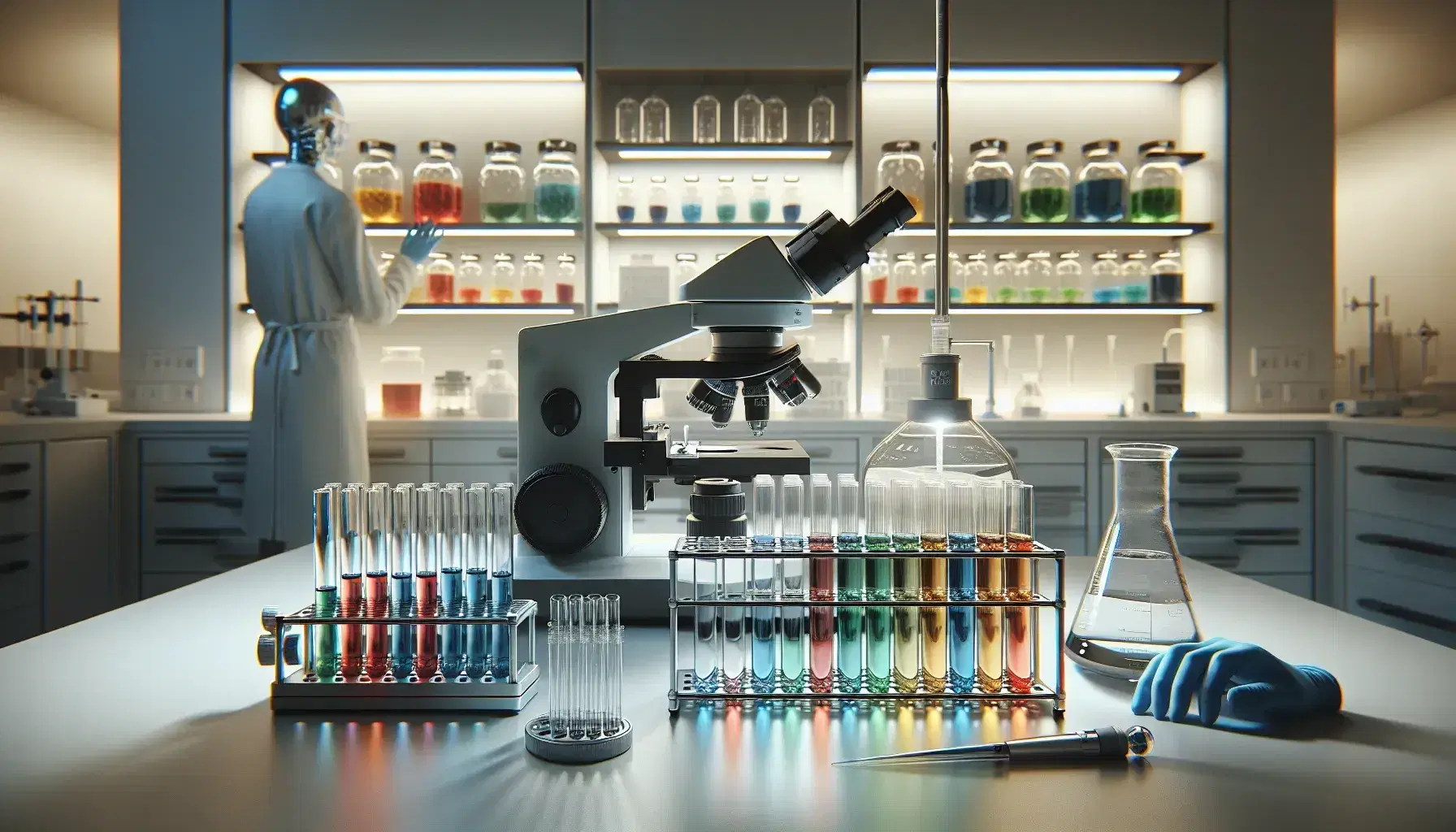 Laboratorio científico moderno con tubos de ensayo de colores en soporte metálico, microscopio, pipeta y balanza digital, con investigador analizando muestras.