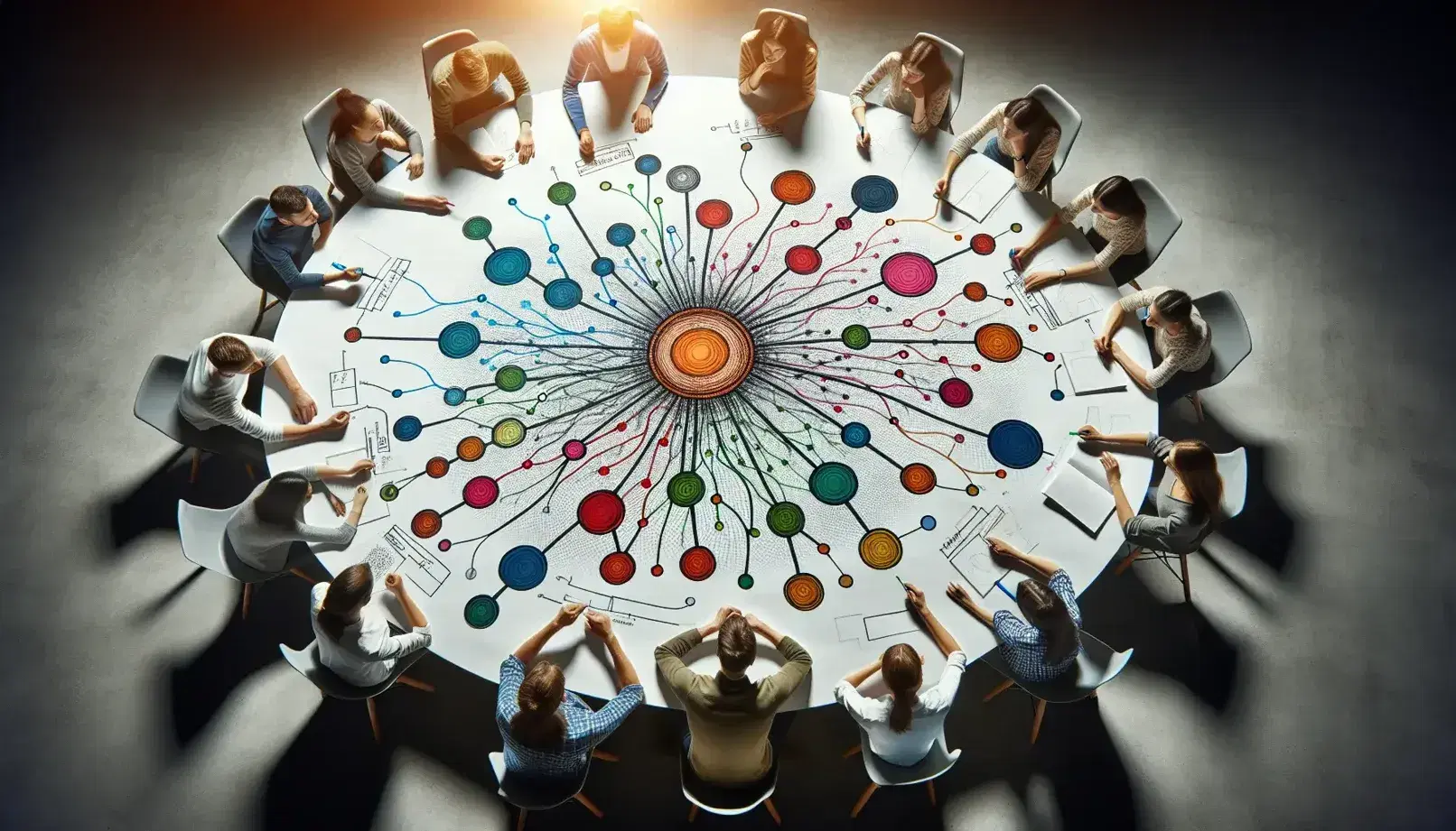 Studenti collaborano intorno a un tavolo rotondo su una mappa mentale colorata senza testi, evidenziando connessioni e idee in un ambiente di apprendimento.