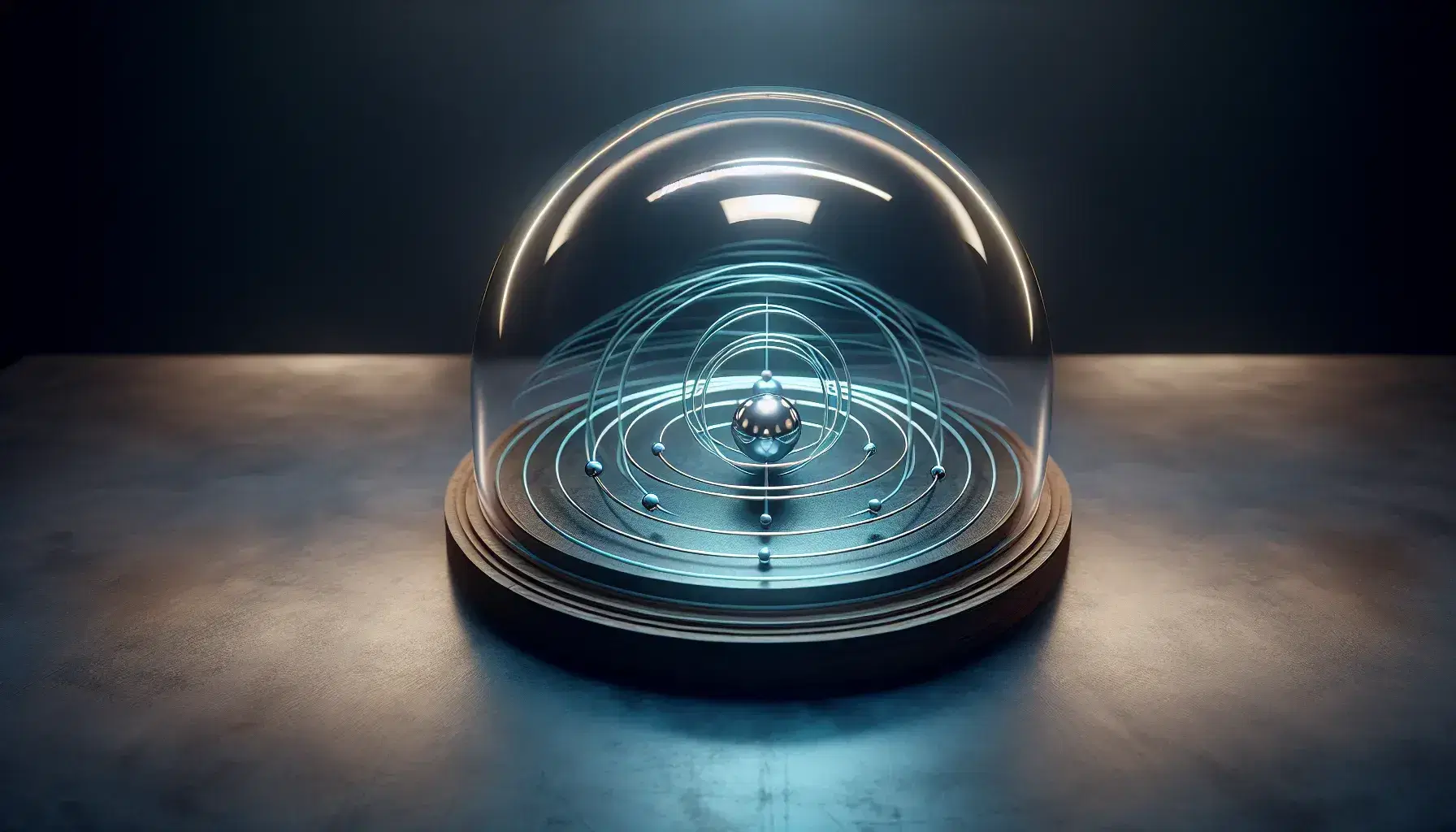 Laboratory setup with a bell jar displaying a metallic sphere and concentric translucent sheets representing a hydrogen atom's nucleus and electron energy levels.