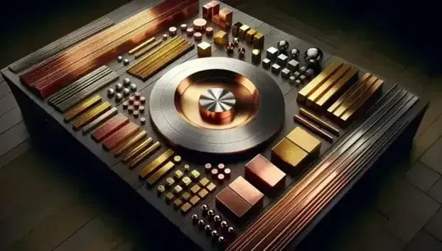 Colección de objetos metálicos sobre superficie de madera oscura, incluyendo pieza circular de cobre y barras de latón y bronce, junto a figuras geométricas de cuproníquel.
