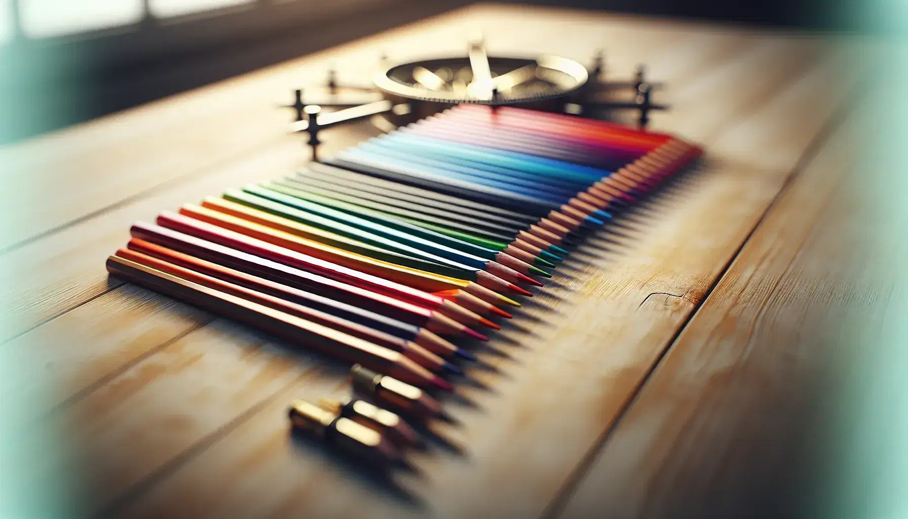 Matite colorate allineate su tavolo in legno chiaro con compasso sfocato sullo sfondo, riflessi di luce naturale.