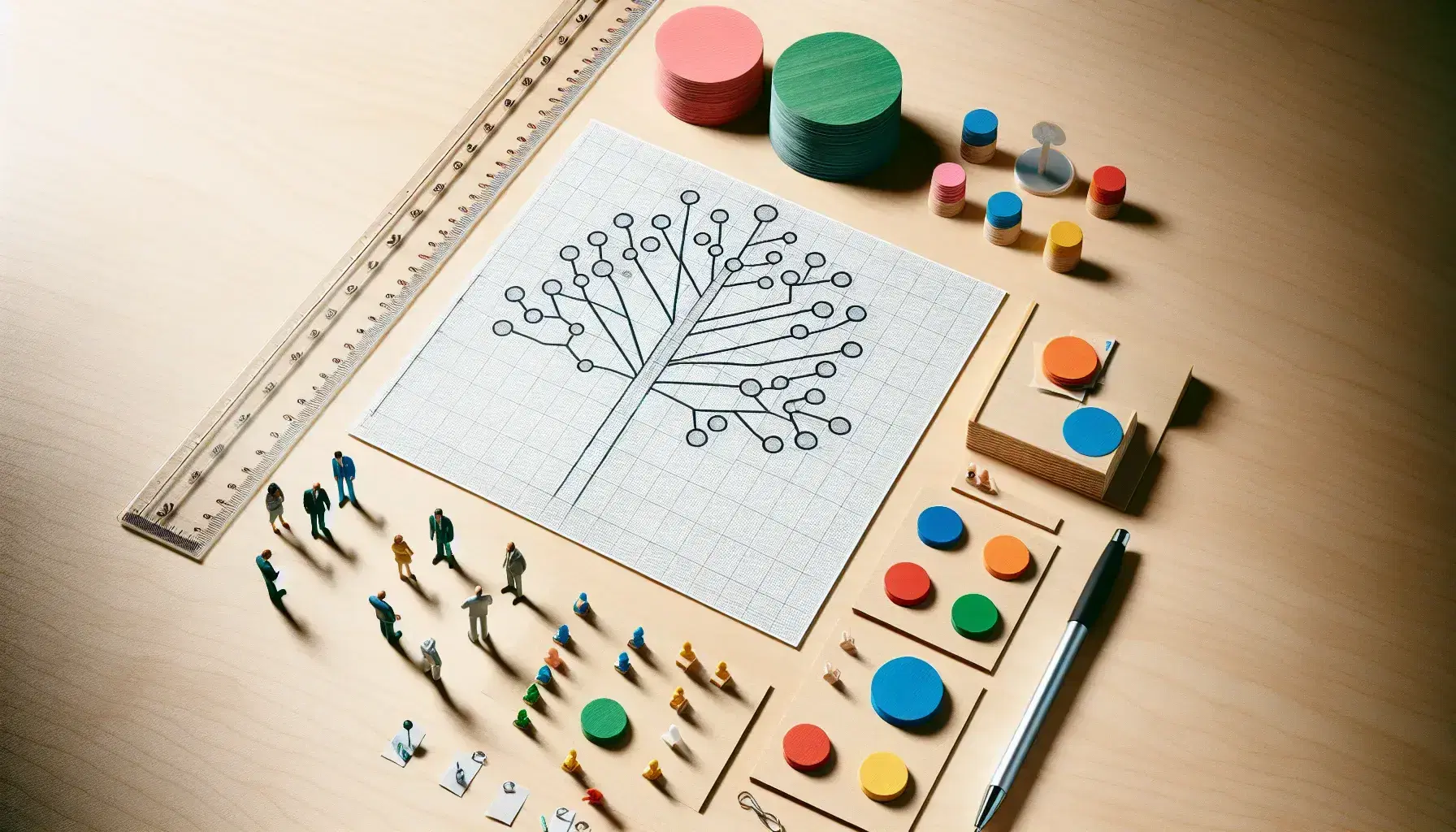 Mesa de trabajo de madera clara con papel en blanco y estructura de árbol, fichas de colores, bolígrafo negro y figuras miniatura en sesión de planificación.