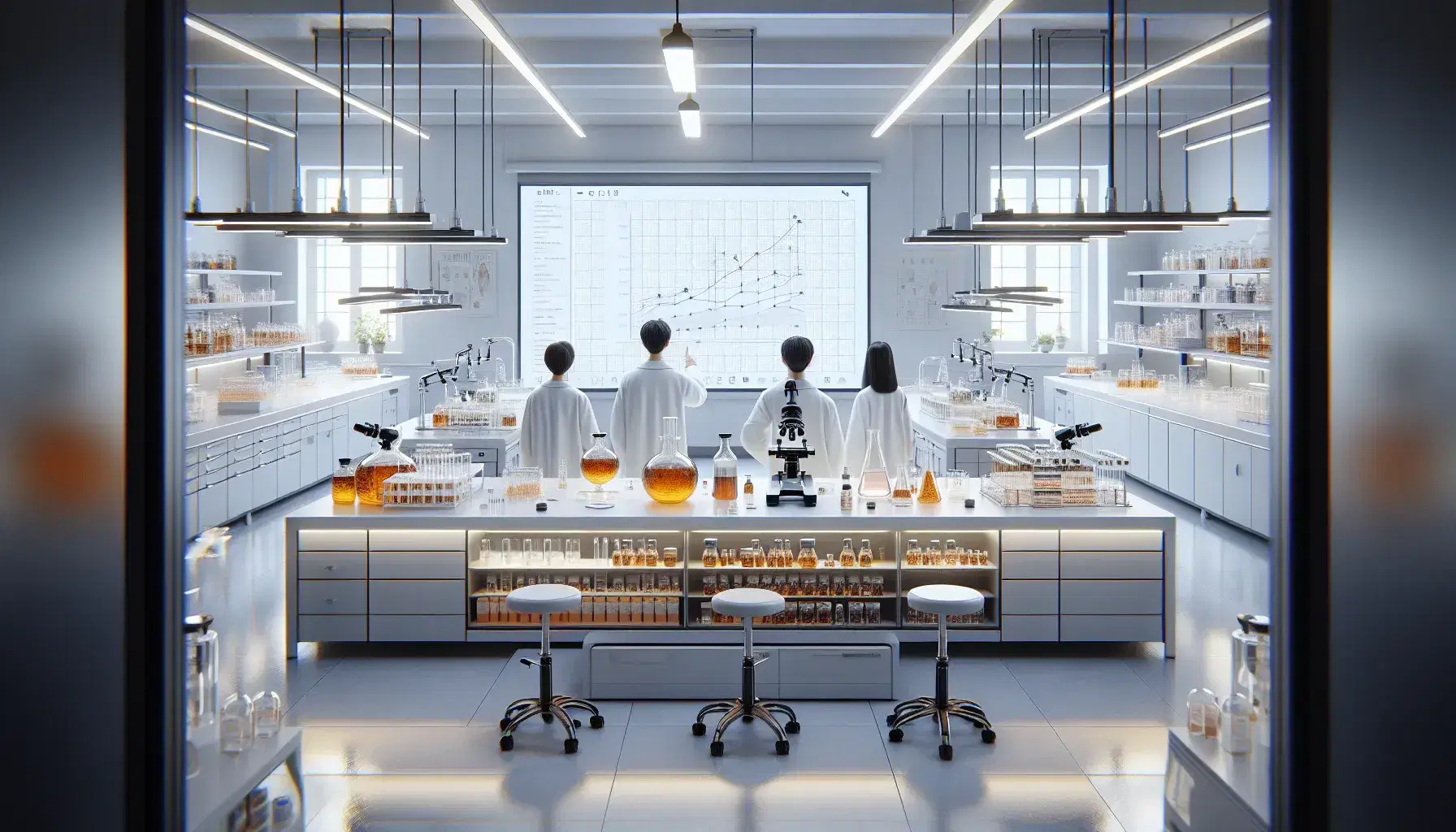 Tres científicos analizan datos en pantalla en laboratorio con microscopio, tubos de ensayo y frascos con líquidos.