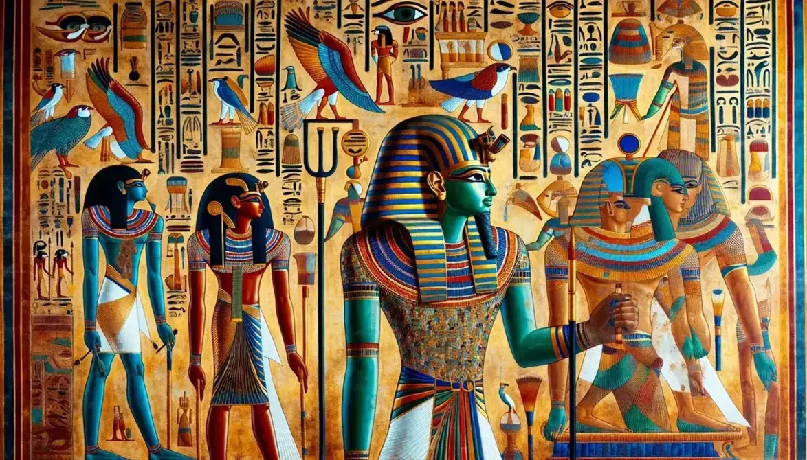 Parete tombale egizia con faraone in nemes e Osiride, simboli ankh e Occhio di Horo, geroglifici e offerte rituali.