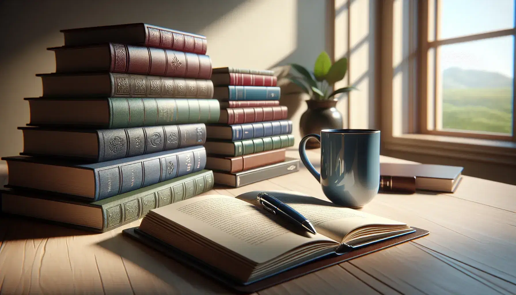 Mesa de madera clara con libro abierto y pluma azul oscuro, taza de cerámica azul con bebida oscura y pila de libros de colores variados en ambiente iluminado naturalmente.