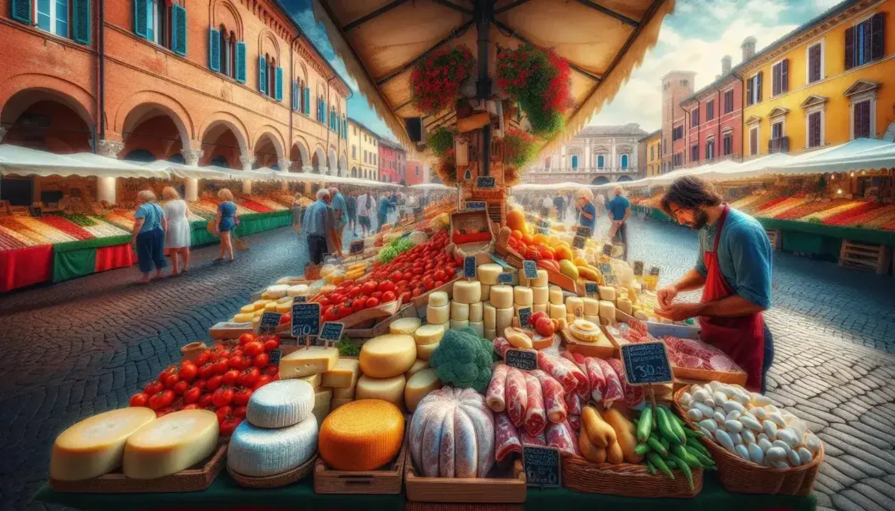 Mercato all'aperto in piazza storica dell'Emilia-Romagna con banco alimentare di formaggi, salumi, verdure e frutta, tra edifici antichi e visitatori.