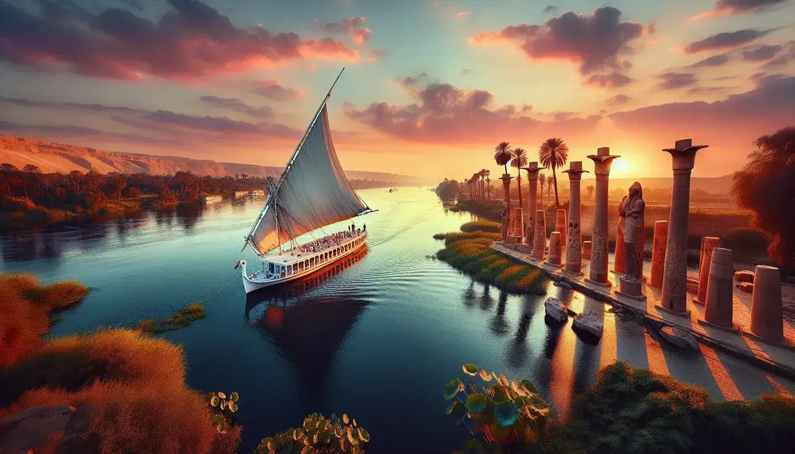 Tramonto sul Nilo con felucca a vela, colonne egizie e riflessi dorati sull'acqua, senza nuvole e uccelli in volo.