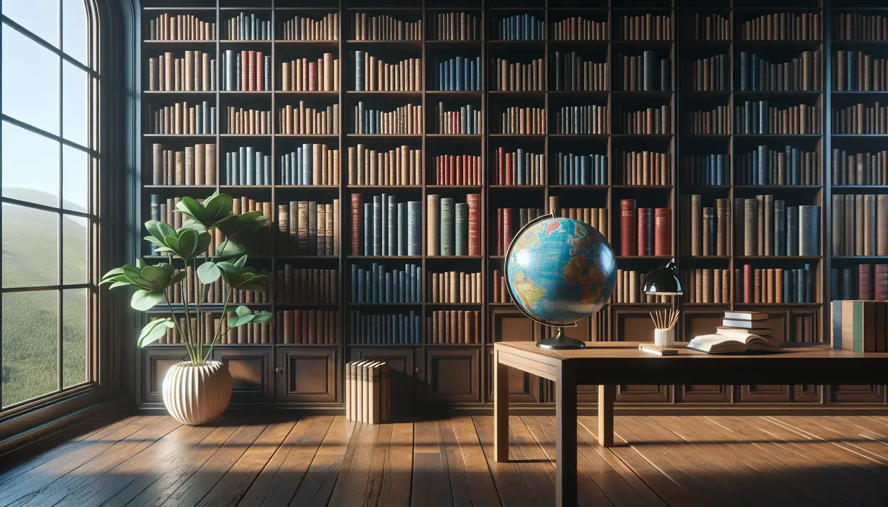 Biblioteca acogedora con estantes de madera oscura llenos de libros, mesa con globo terráqueo y planta, iluminada por luz natural.