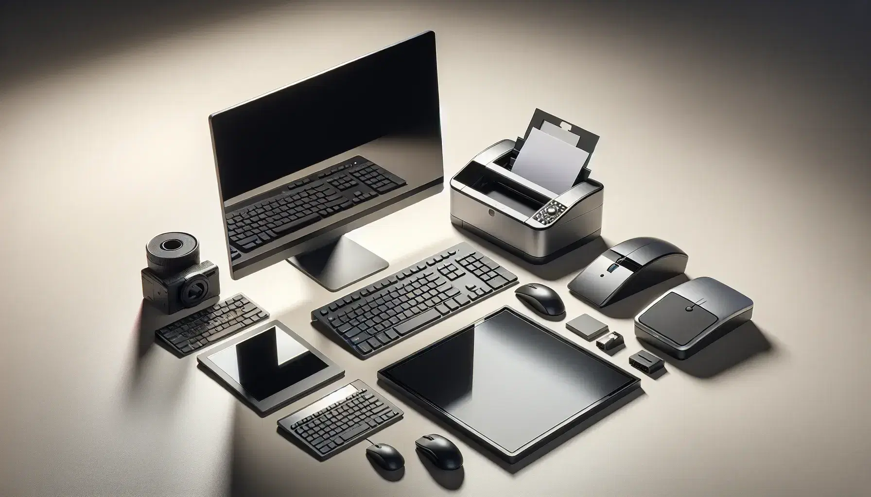 Equipo de computación con teclado, ratón óptico, escáner, monitor apagado y impresora de inyección de tinta sobre superficie clara.