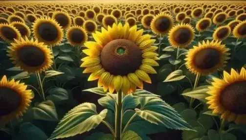 Field of sunflowers in full bloom with a sunflower in the foreground with bright yellow petals and dark brown center, cloudless blue sky.