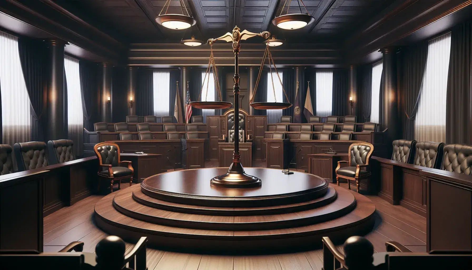 Sala de tribunal vacía con mesa central y balanza de justicia equilibrada, sillas de madera para público y abogados, y banderas unicolores.