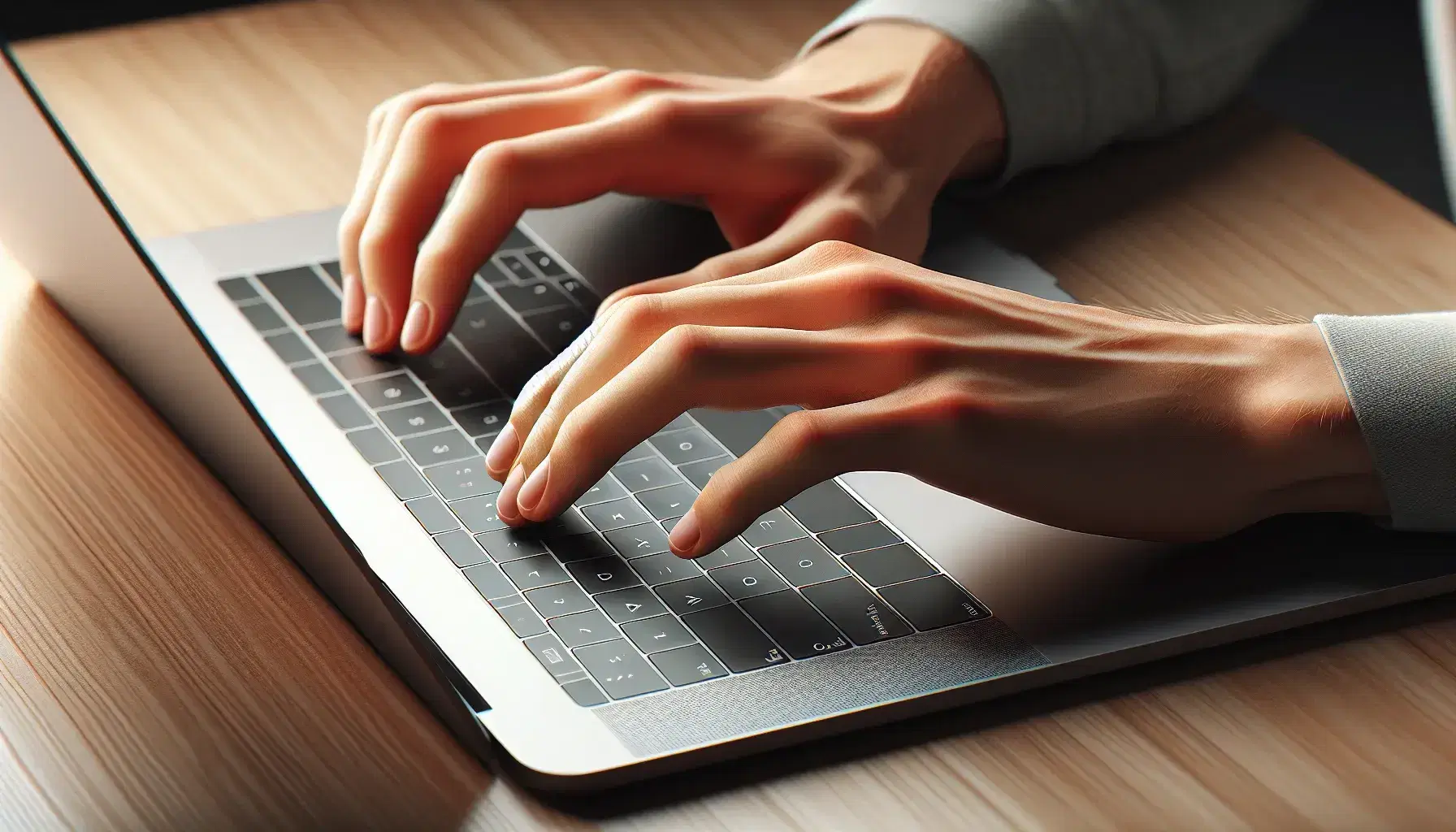 Hands typing on modern laptop keyboard on wooden desk, with blurred green plant in background, peaceful environment.
