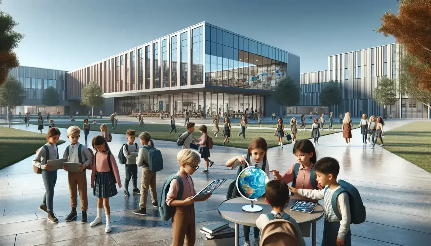 Lively schoolyard with students of various ethnicities around a table with globe, teacher with tablet and modern school building.