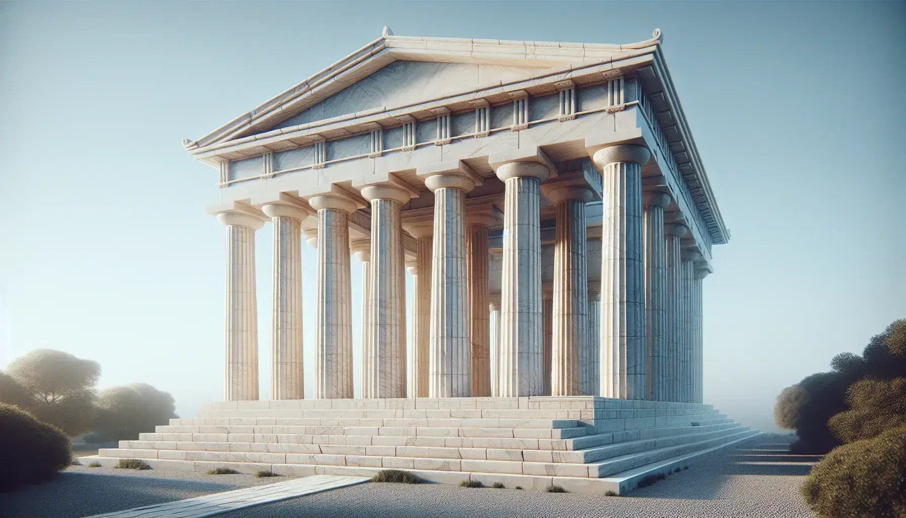 Templo griego clásico con columnas dóricas de mármol, entablamento liso y frontón triangular bajo un cielo azul claro, sin presencia de personas.