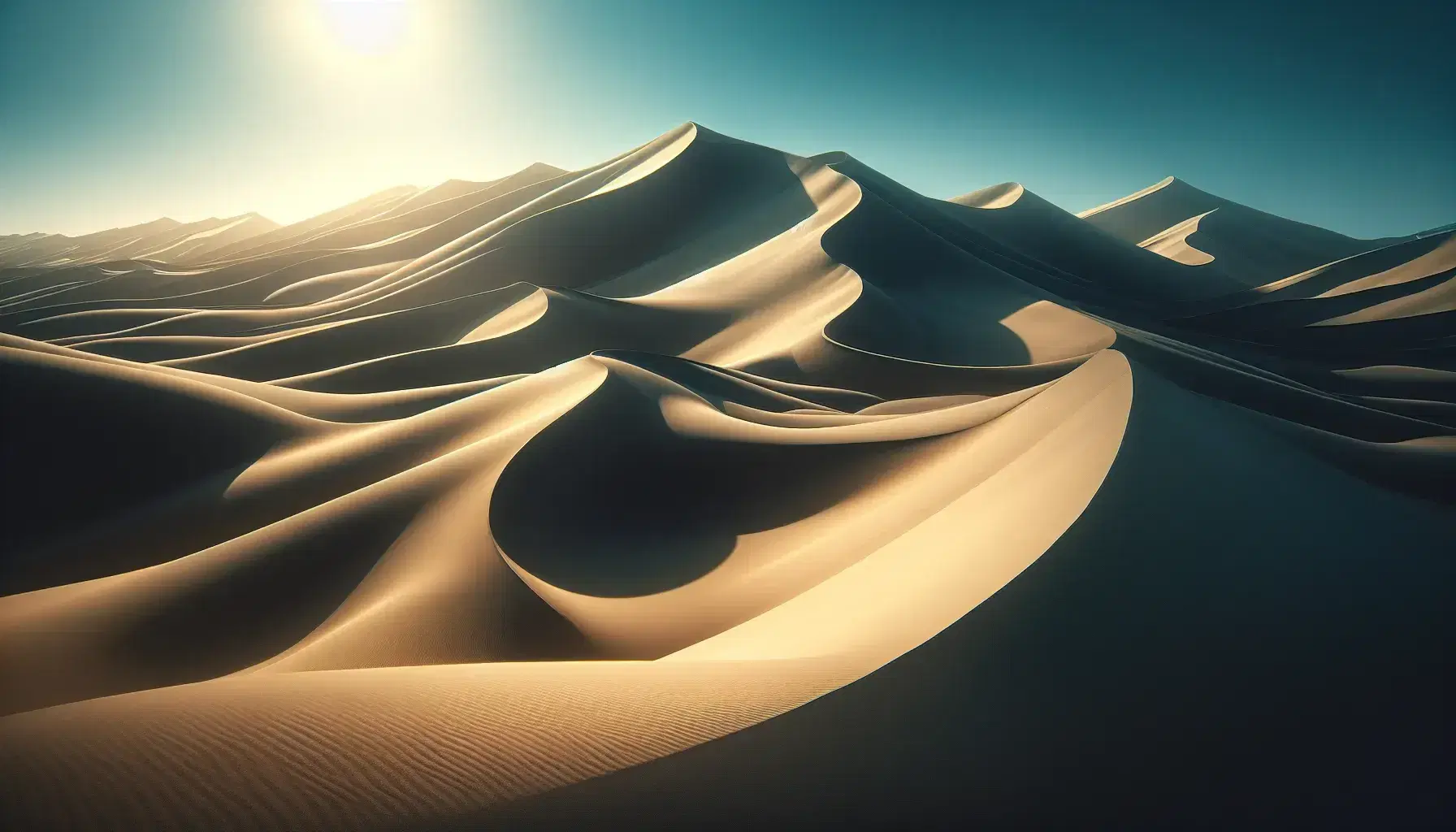 Pristine sand dunes with sharp shadows under a clear blue sky, highlighting the natural curves and gradients of the desert landscape.
