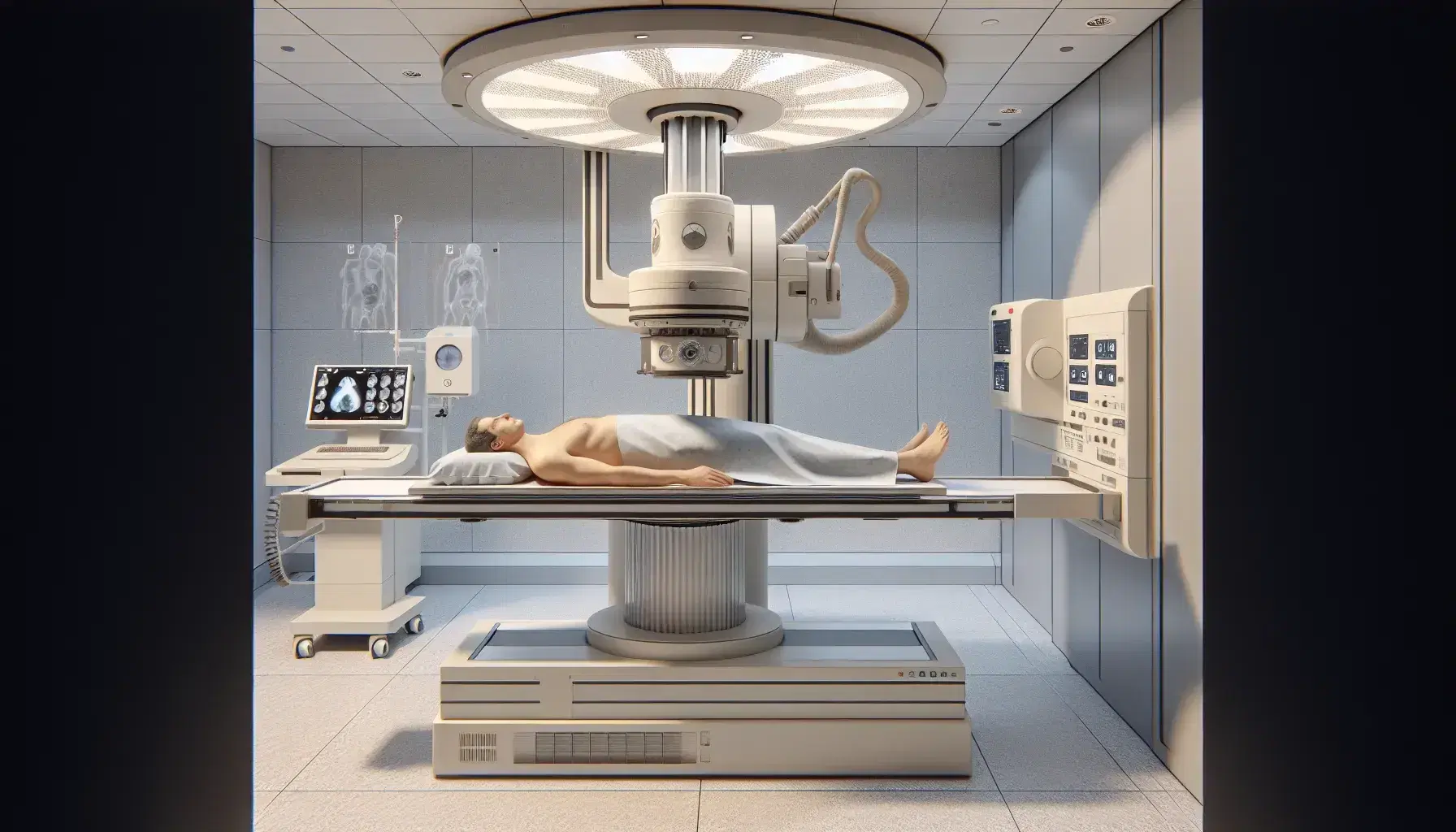 Patient undergoing X-ray with technician monitoring from behind radiation shield, lead apron in use, in a clean, modern medical facility.