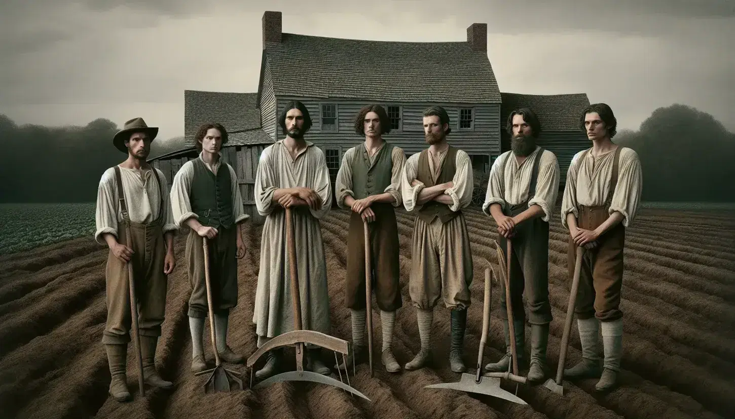 Rustic 18th-century American farm scene with solemn farmers in period attire holding tools, a wooden farmhouse, barn, horse, and plowed fields.