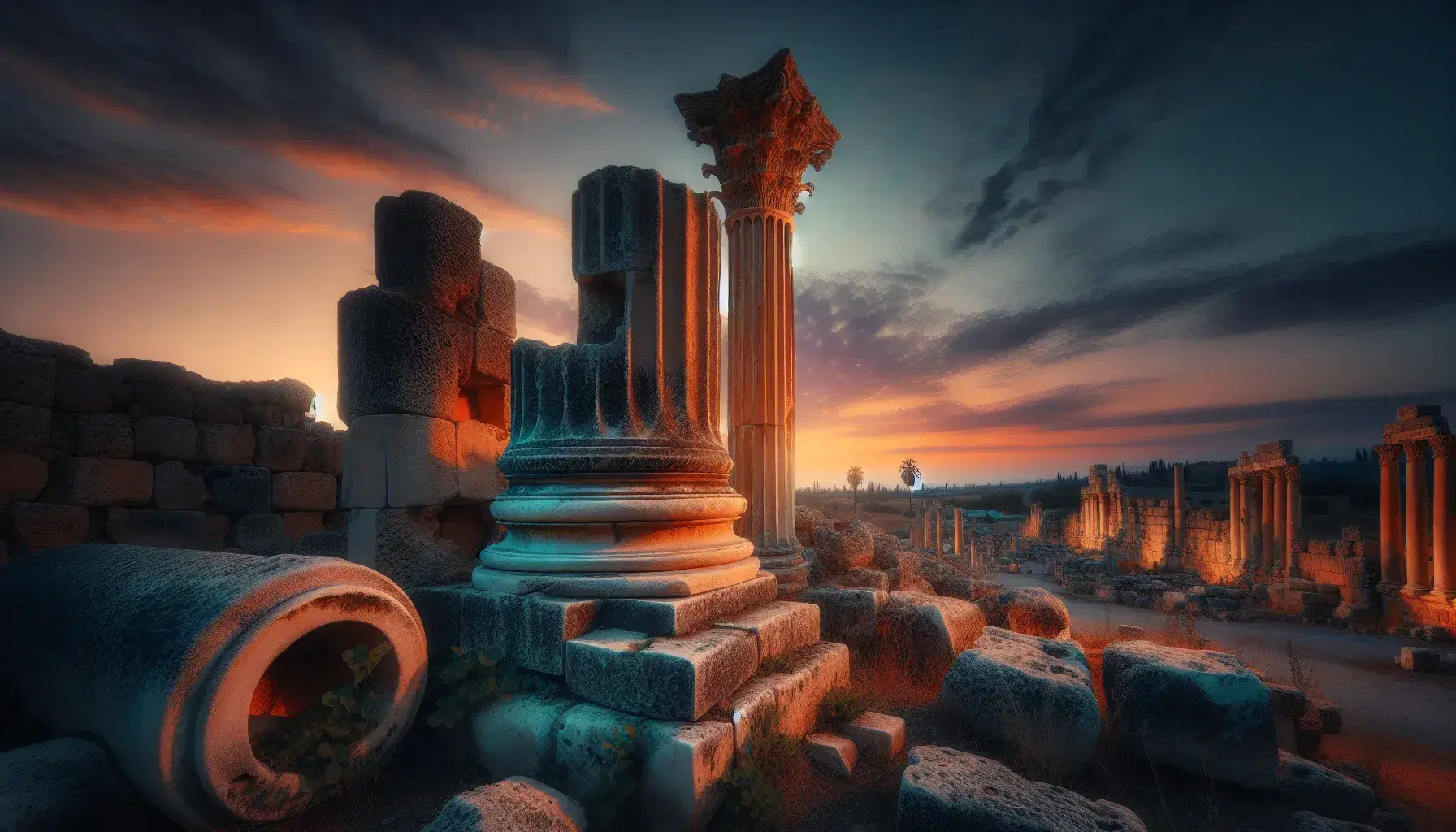Ruinas de piedra antiguas con columna clásica al atardecer, cielo sin nubes de azul a tonos rosados y palmera solitaria frente a montañas difuminadas.