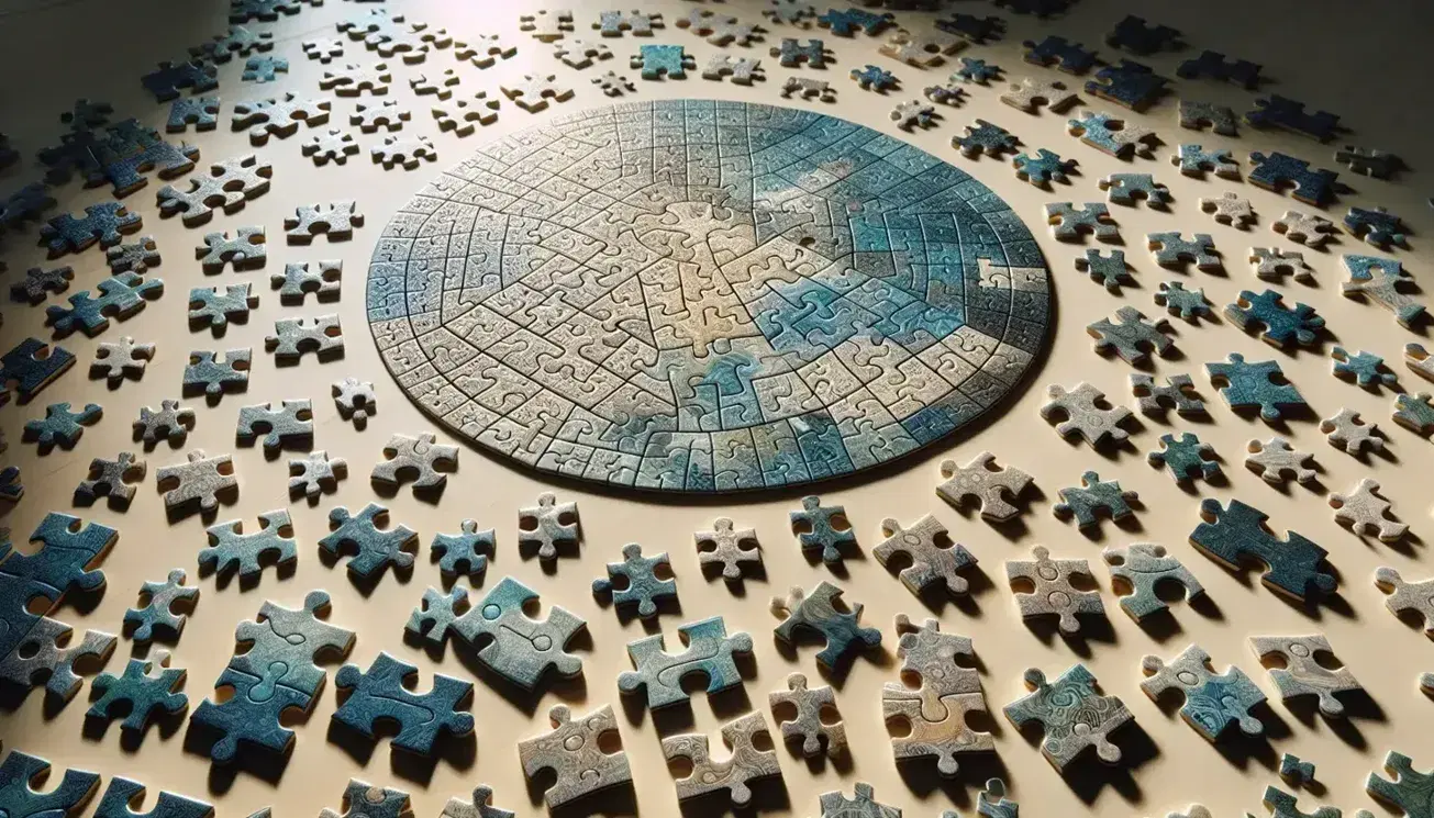 Puzzle parzialmente assemblato con pezzi mancanti su superficie in legno chiaro, circondato da pezzi sparsi in tonalità di blu, grigio e beige.