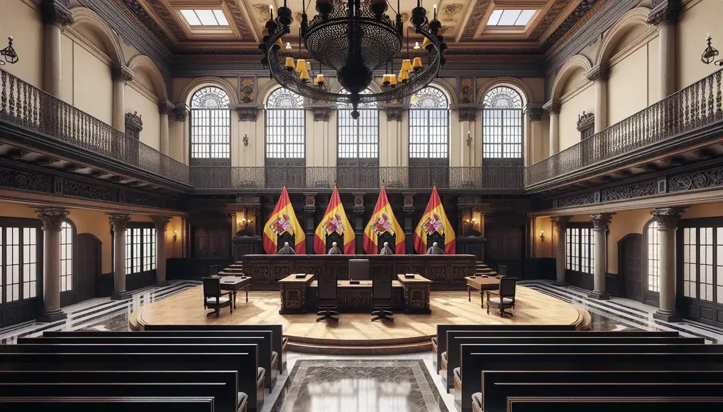 Elegant Spanish courtroom with a judges' bench flanked by national flags, a lawyers' table, spectator benches, and a grand chandelier.