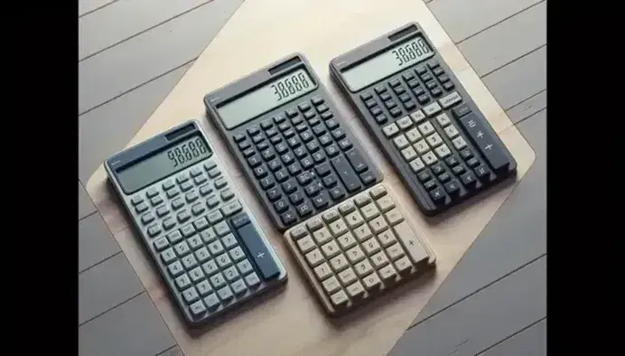 Calculadoras científicas en azul oscuro, gris metálico y negro mate alineadas sobre superficie clara con fondo de oficina desenfocado.