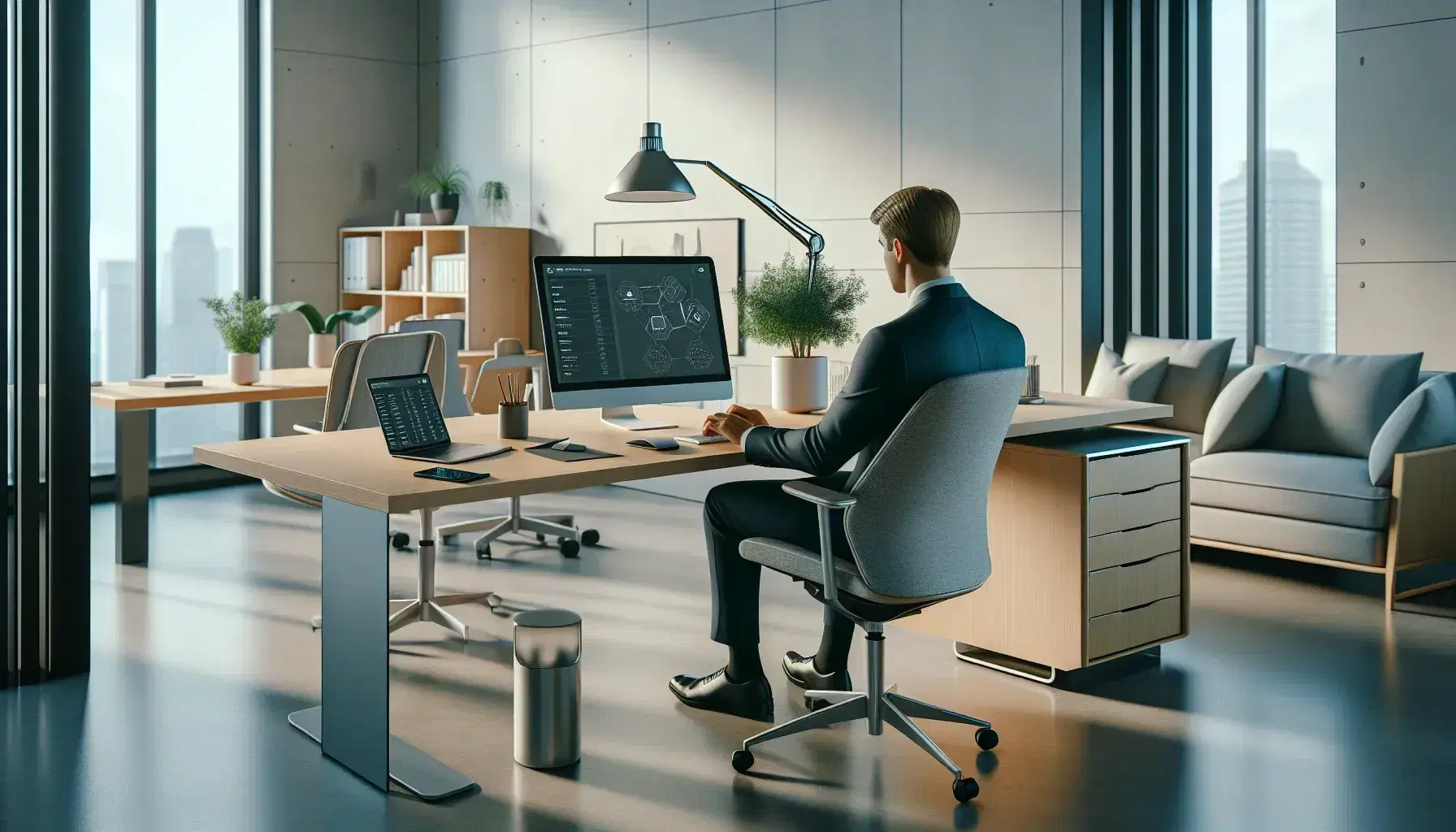 Ufficio moderno e luminoso con scrivania in legno, laptop, cellulare, sedia ergonomica e pianta verde, illuminato da luce naturale.