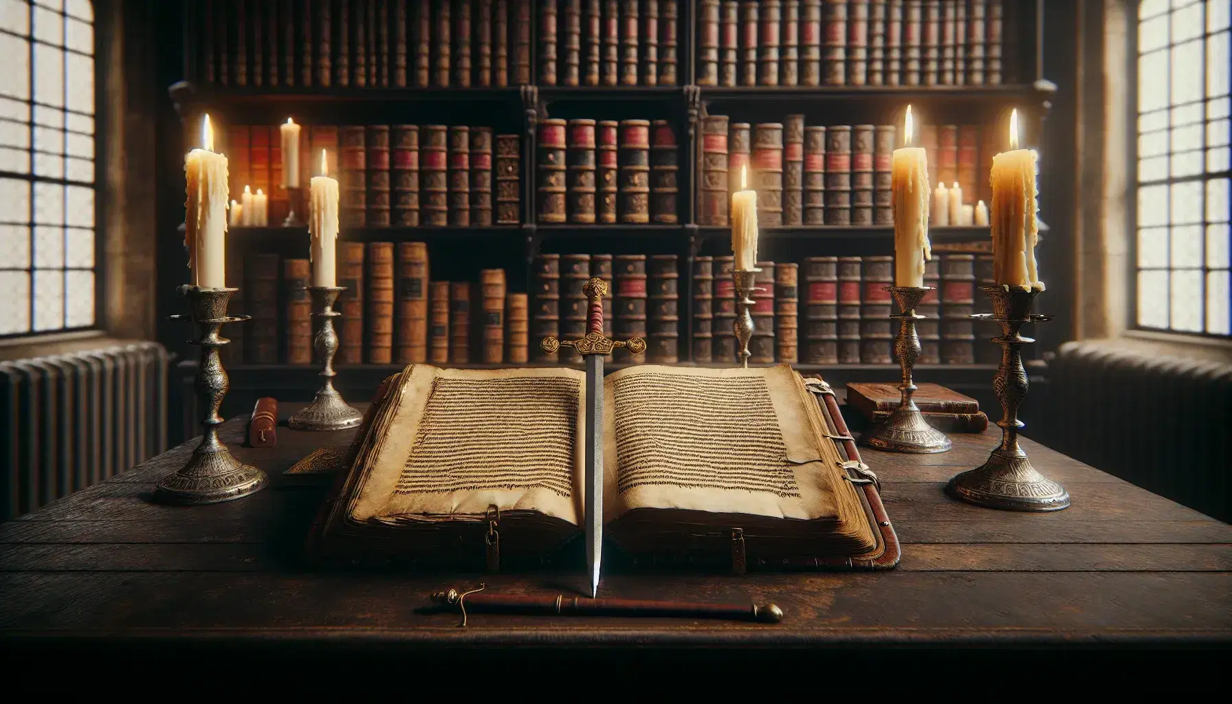 Manoscritto antico su tavolo in legno con candele bianche e spada medievale riflettente in sfondo di libreria scura.