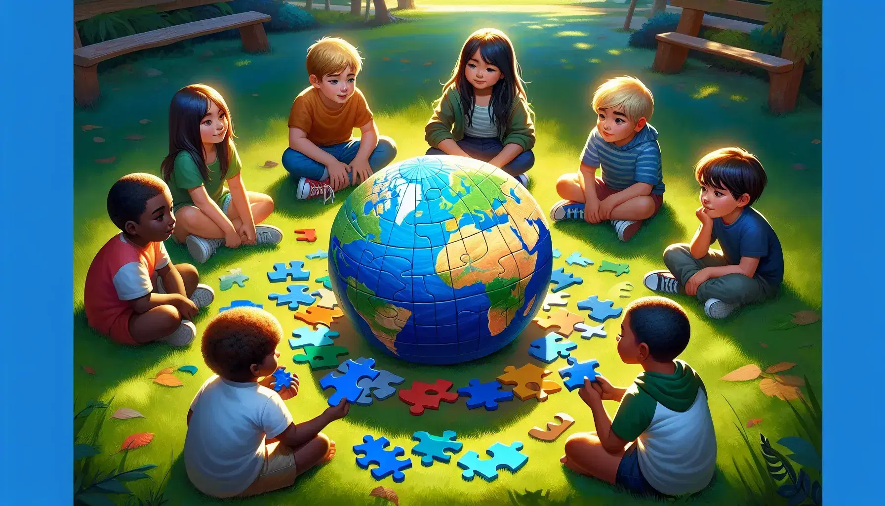 Bambini di diverse etnie collaborano all'aperto per assemblare un puzzle a forma di globo, in un'atmosfera serena e soleggiata.