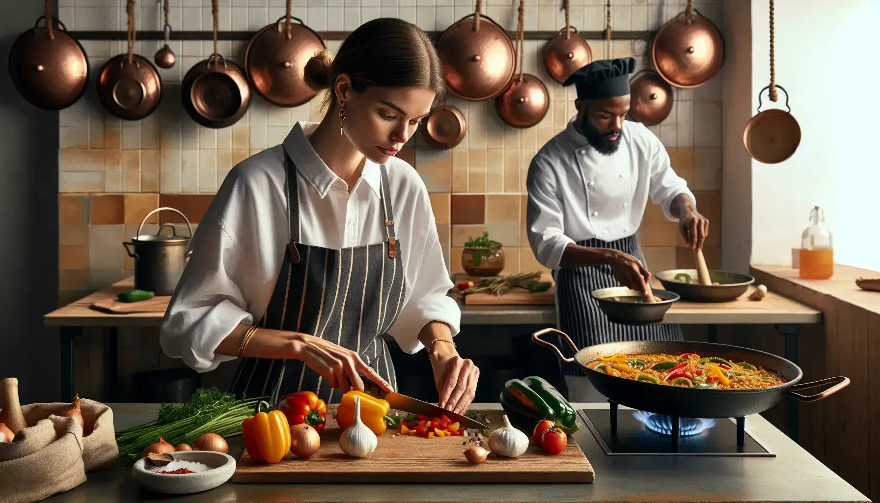 Diverse chefs prepare Spanish cuisine; a woman chops vegetables, a man cooks paella, and a non-binary person grinds spices in a busy kitchen.