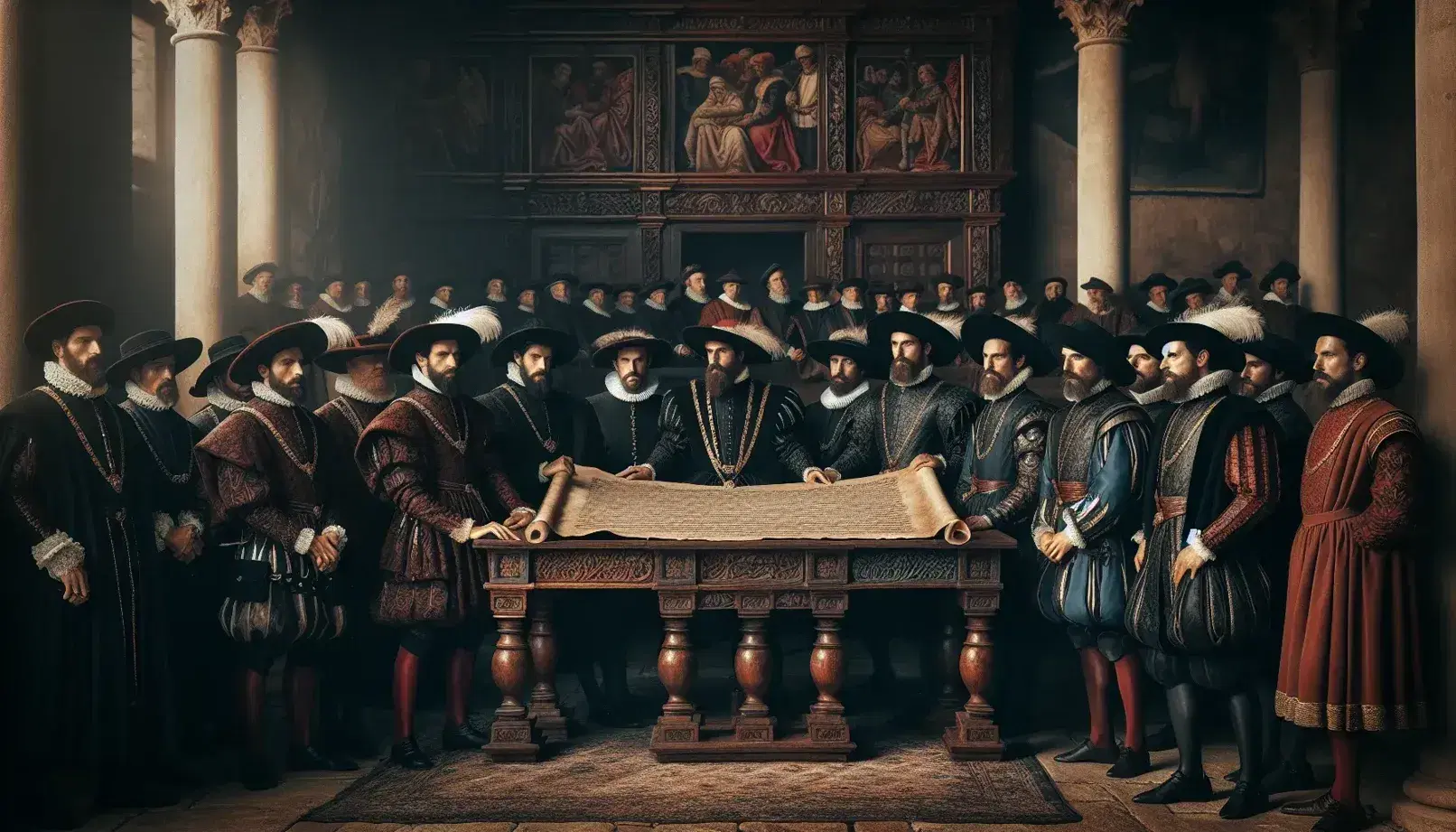 Late 15th-century historical reenactment with Spanish and Portuguese delegates in period attire, signing a document on a carved wooden table, in a tapestried room.