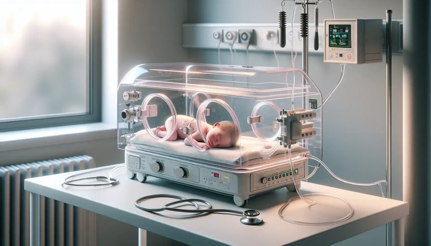 Recién nacido durmiendo en incubadora transparente con sensor en la piel, stetoscopio al lado y luz natural filtrándose por la ventana de un hospital.