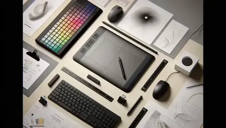Vista superior de estación de trabajo de diseño gráfico con tableta digital, teclado, ratón, bocetos, paleta de colores, compás y reglas.
