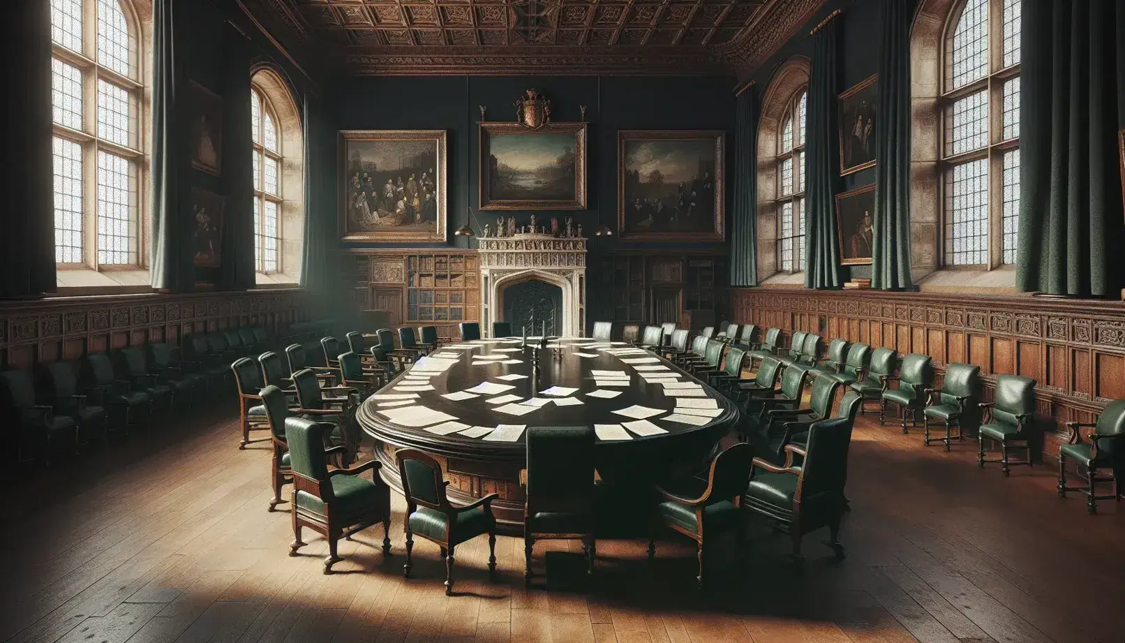 Aula storica con tavolo ovale in legno scuro, sedie con imbottitura verde, finestre ad arco, quadri, parquet e caminetto in marmo.