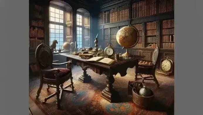 Biblioteca antica con tavolo in legno, globo, orologio d'argento, penna stilografica e inchiostro, sedie vellutate, tappeto persiano e scaffali di libri.