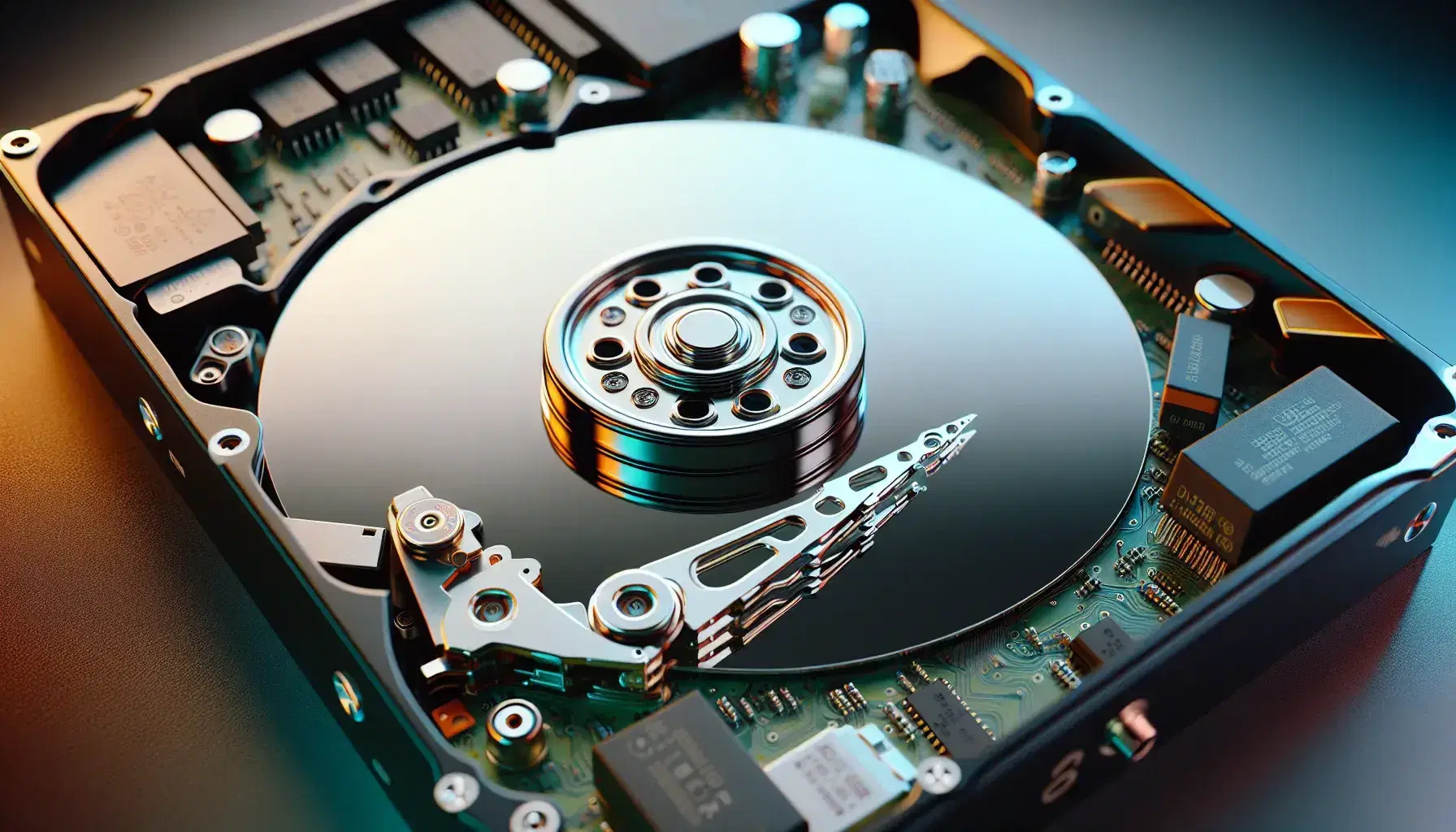 Internal view of a hard disk with reflective platter in the center and read-write arm above, printed circuit board with colored components on the right.