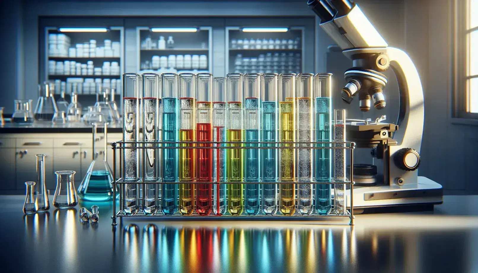 Tubos de ensayo con líquidos de colores rojo, azul, verde, amarillo y transparente en un soporte metálico con un microscopio y fondo desenfocado de laboratorio.