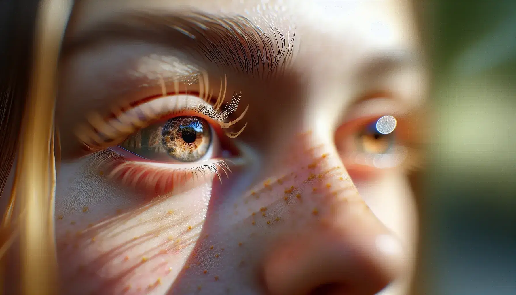 Primer plano de ojos marrón claro con destellos dorados y pestañas largas, piel con pecas y fondo desenfocado de naturaleza.