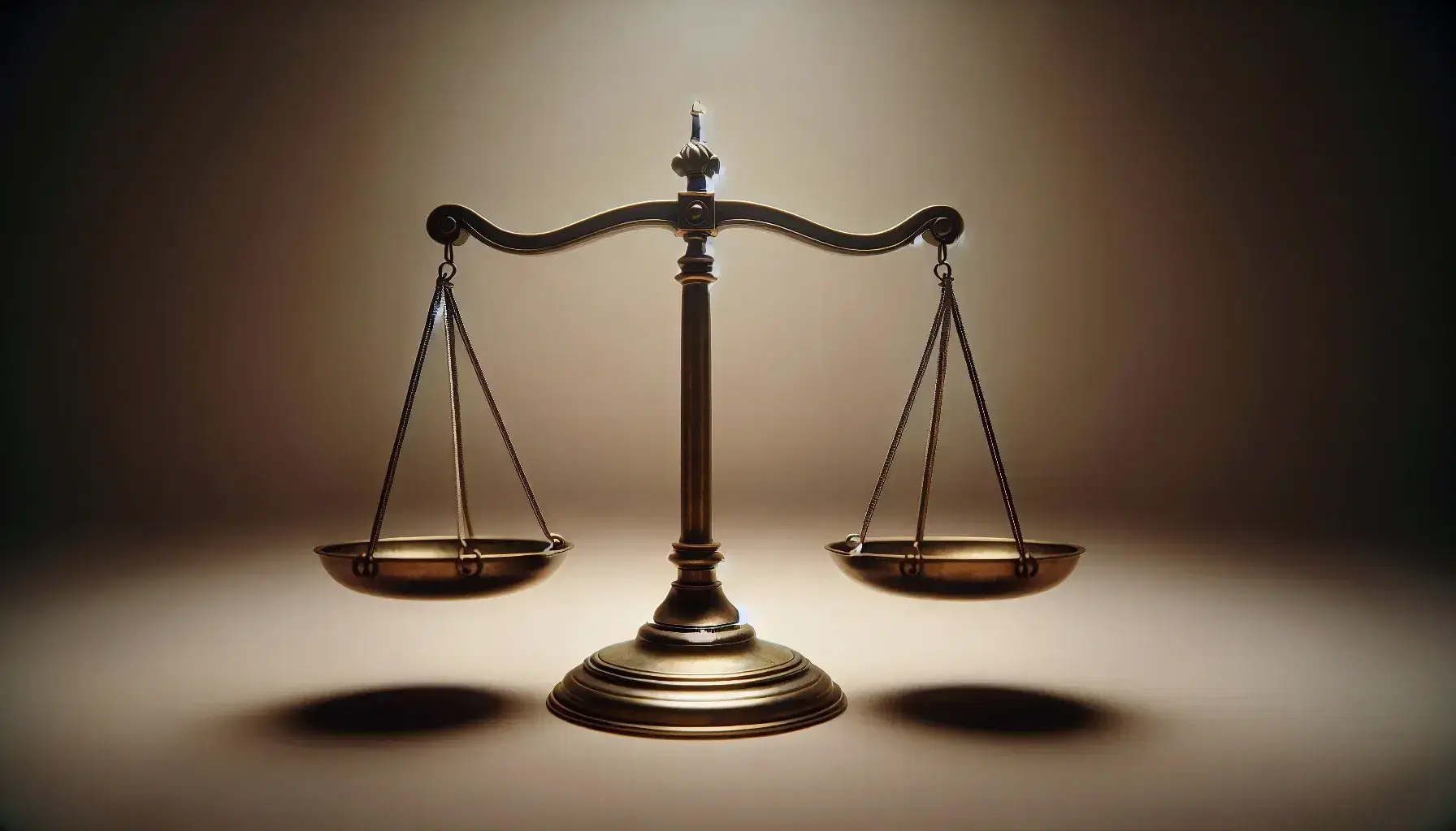 Balanza de justicia de bronce equilibrada y en reposo, con platos colgantes a la misma altura sobre fondo neutro, destacando su textura metálica con juego de luces y sombras.