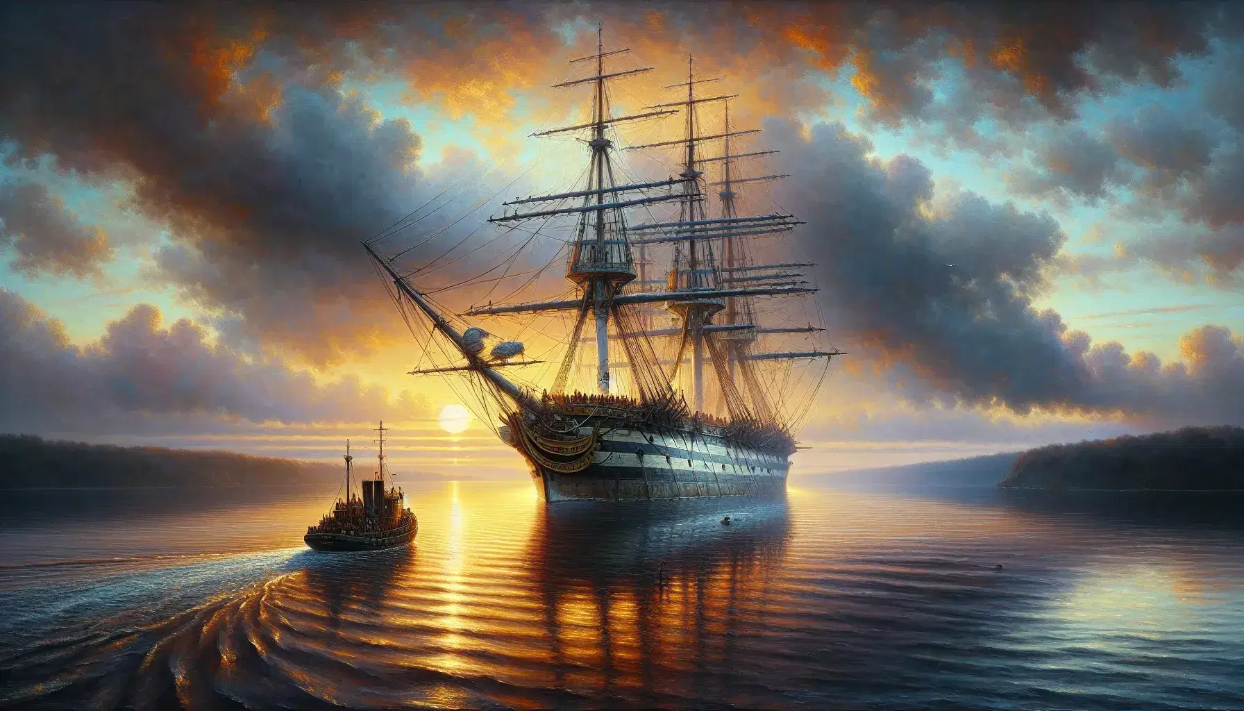 Vecchia nave a vela del XVIII secolo trainata da un battello a vapore al tramonto, con cielo arancione riflesso sul fiume tranquillo.