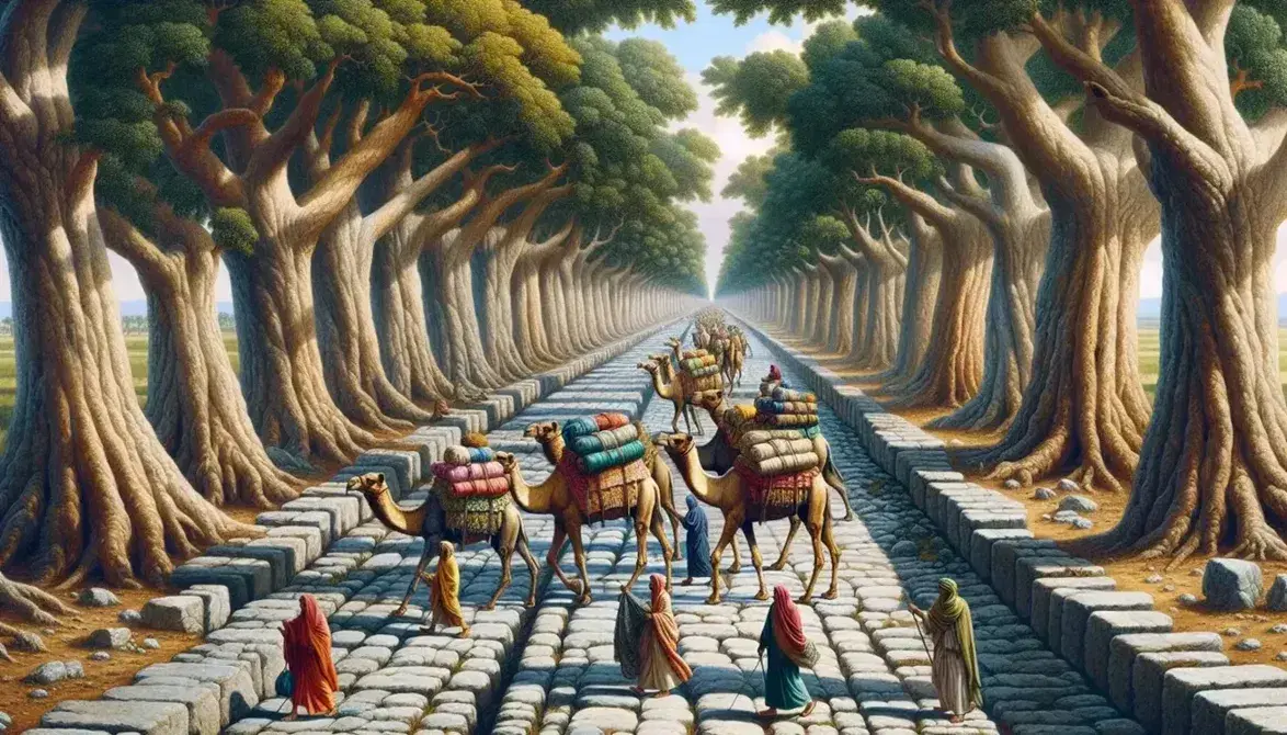Ancient stone road shaded by leafy trees with a camel caravan carrying colorful textiles, led by people in traditional attire under a clear blue sky.
