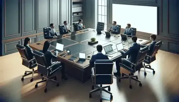 Sala de reuniones iluminada con mesa rectangular, sillas de oficina y cinco profesionales en conversación, laptops y móviles sobre la mesa, planta y pizarra al fondo.