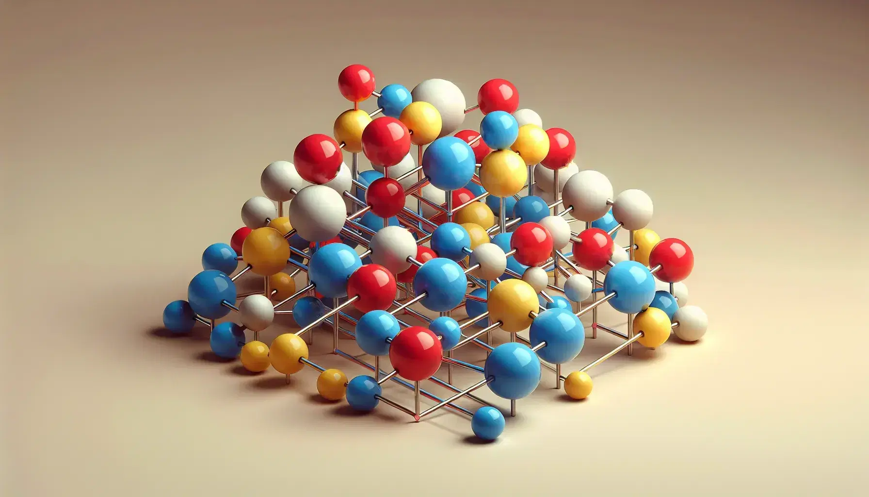Modelo molecular tridimensional con esferas rojas centrales y esferas azules, amarillas y blancas periféricas unidas por varillas transparentes.