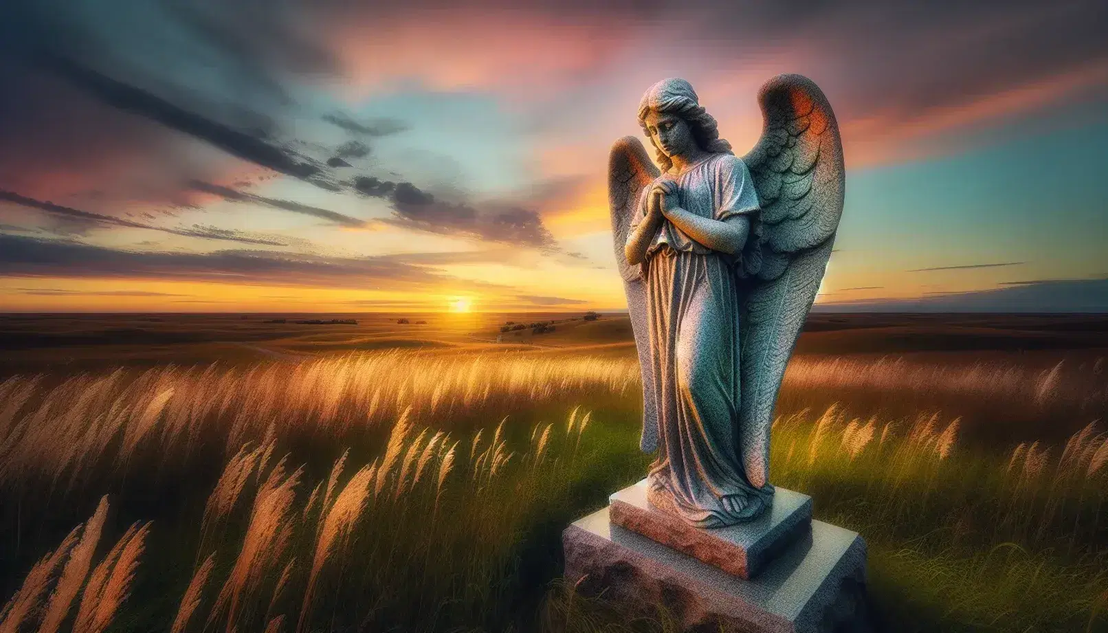 Weathered stone angel statue with clasped hands against a prairie backdrop during golden hour, with a sky transitioning from orange to blue.