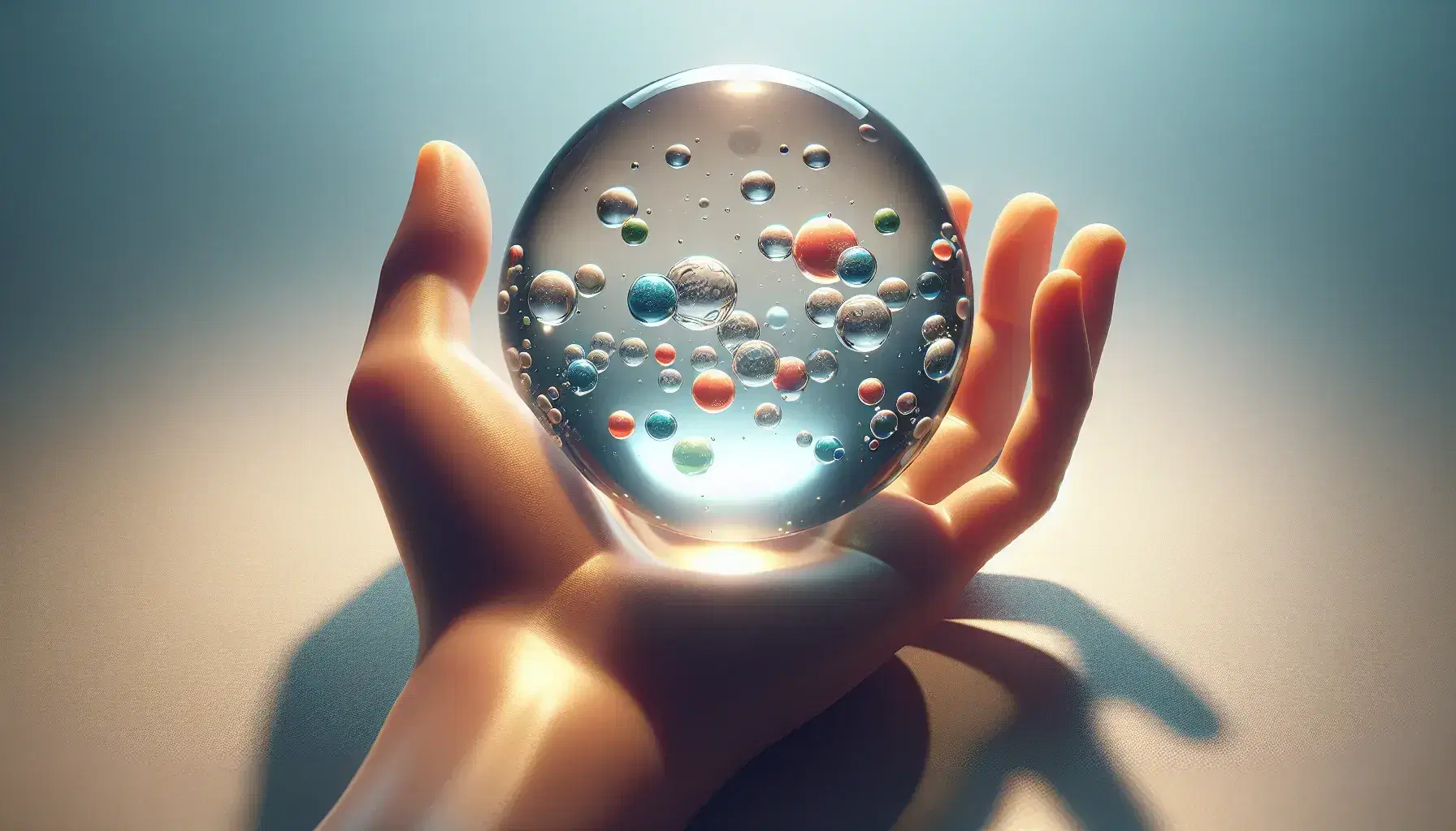 Mano umana aperta regge sfera trasparente con liquido e sfere colorate fluttuanti, simboleggianti ioni o molecole, su sfondo neutro.