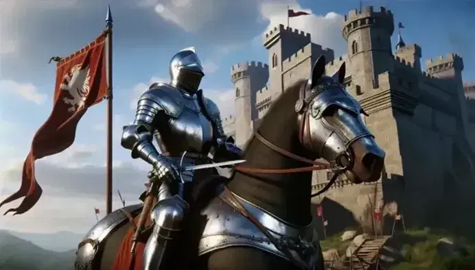 Caballero medieval montado en caballo marrón oscuro frente a castillo de piedra antiguo bajo cielo azul claro, sosteniendo estandarte rojo sin emblemas.