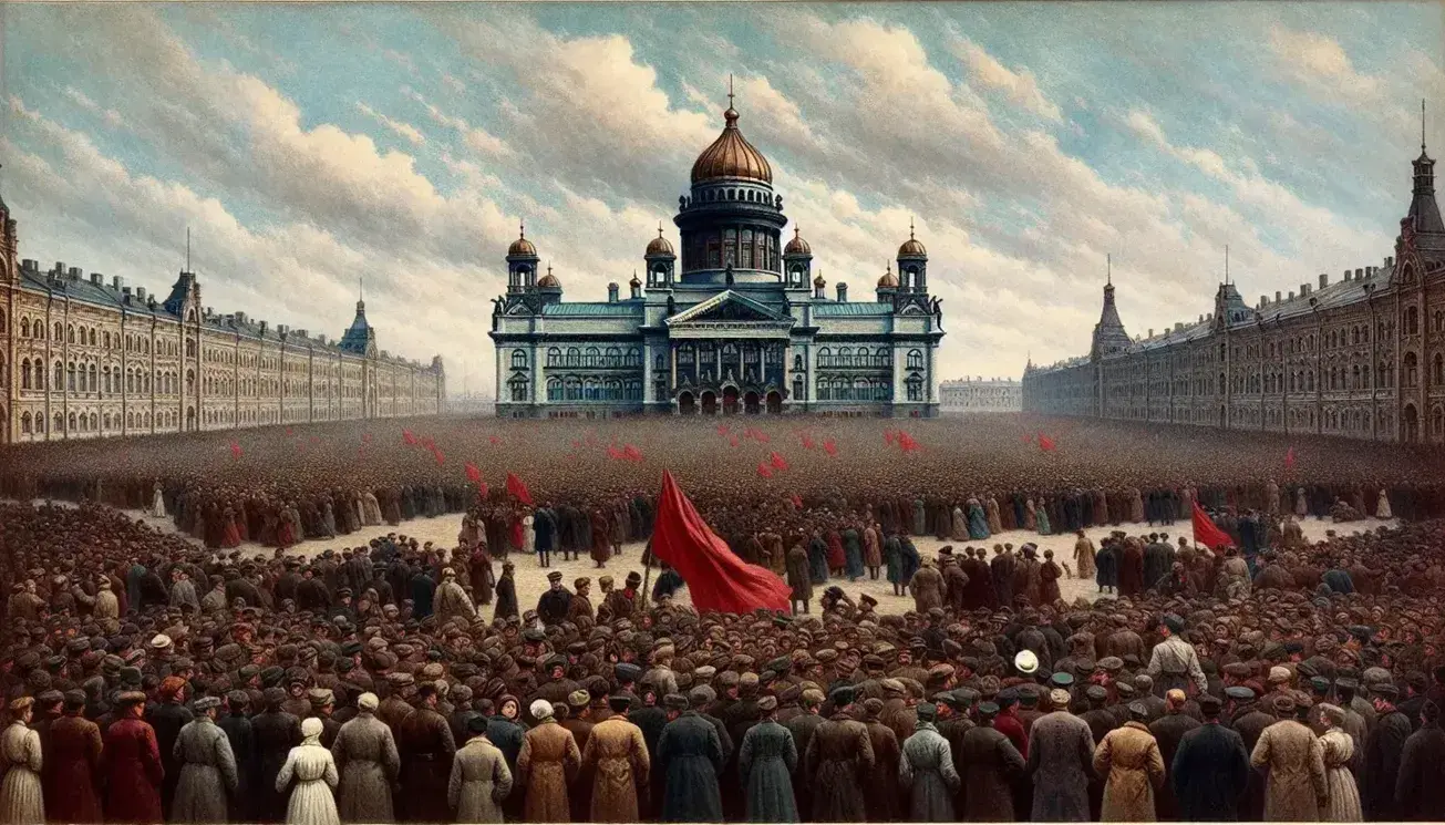 Multitud en plaza histórica con edificio de estilo zarista ruso al fondo, personas con vestimenta de principios del siglo XX y bandera roja ondeante, bajo cielo azul claro.