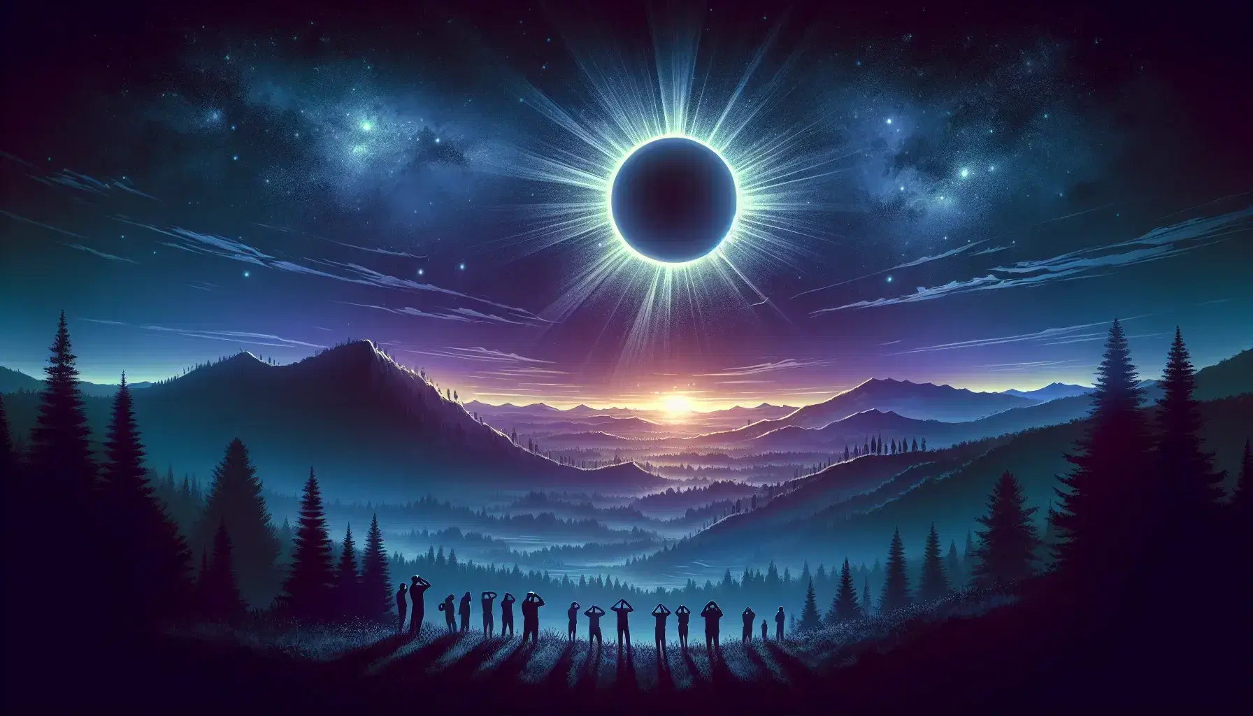 Total solar eclipse with people in silhouette on a hill observing the sky, bright solar corona visible on twilight background.
