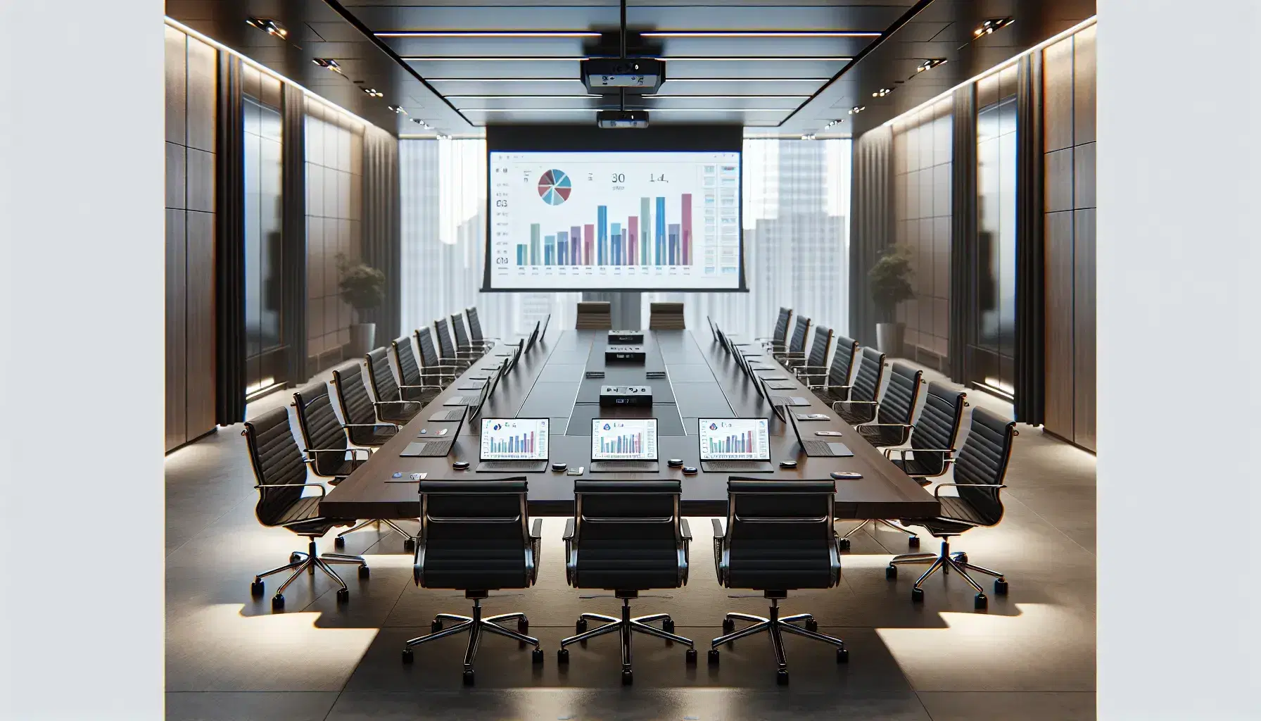 Sala de reuniones corporativa con mesa rectangular, sillas ergonómicas negras y laptops mostrando gráficos, proyector encendido y vista urbana desde la ventana.