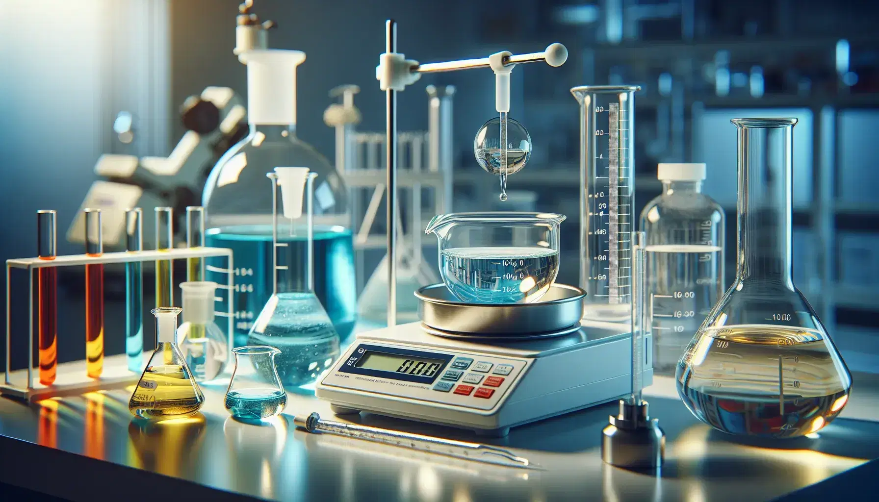 Banco laboratorio chimico con bilancia analitica, pipetta blu, cilindro graduato giallo, Erlenmeyer rosso e provette colorate in rack.
