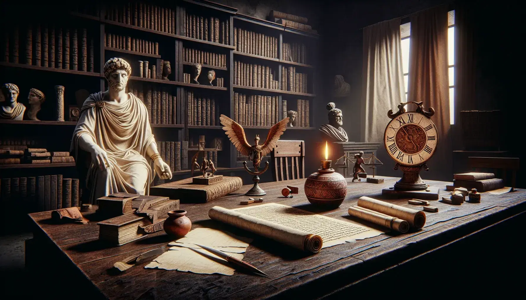 Biblioteca romana antica con uomo in toga che scrive su papiro, tavolo con lampada ad olio, statuetta di Minerva e meridiana in pietra.